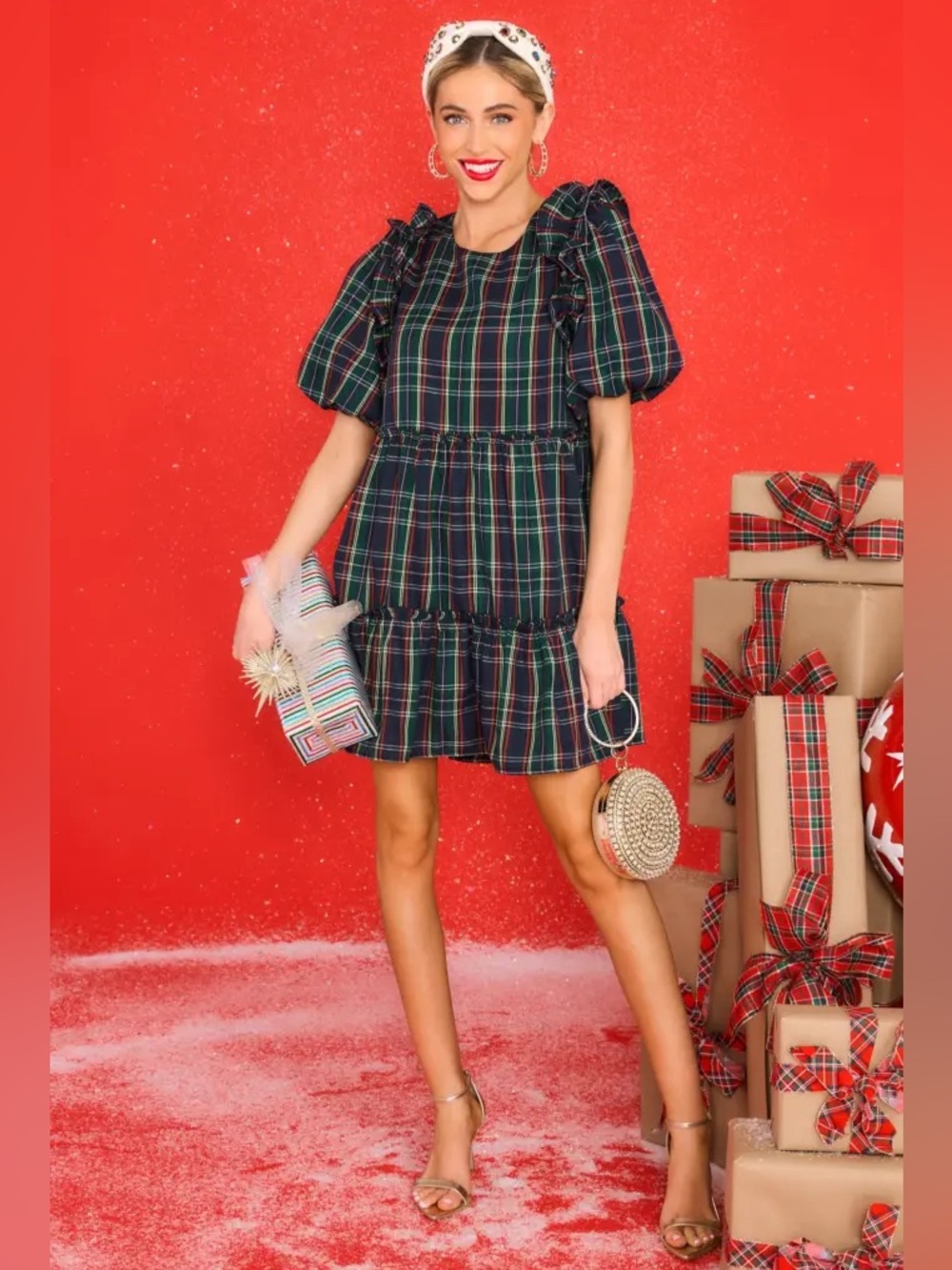 Entro L Tartan Green Puff Sleeve Plaid Dress